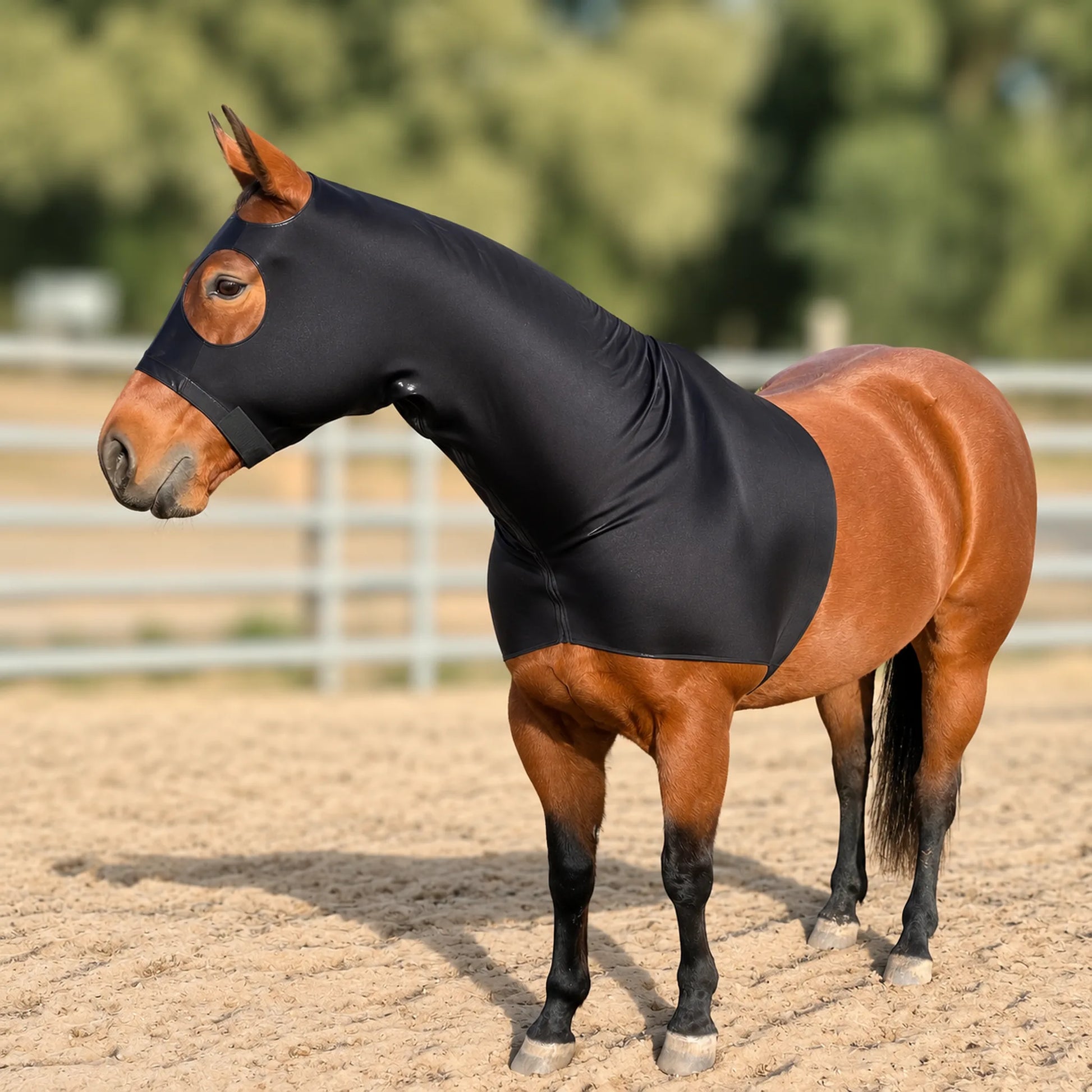 A brown horse standing in a sandy arena wearing a metallic black sleazy hood, with blurred trees and fencing in the background.