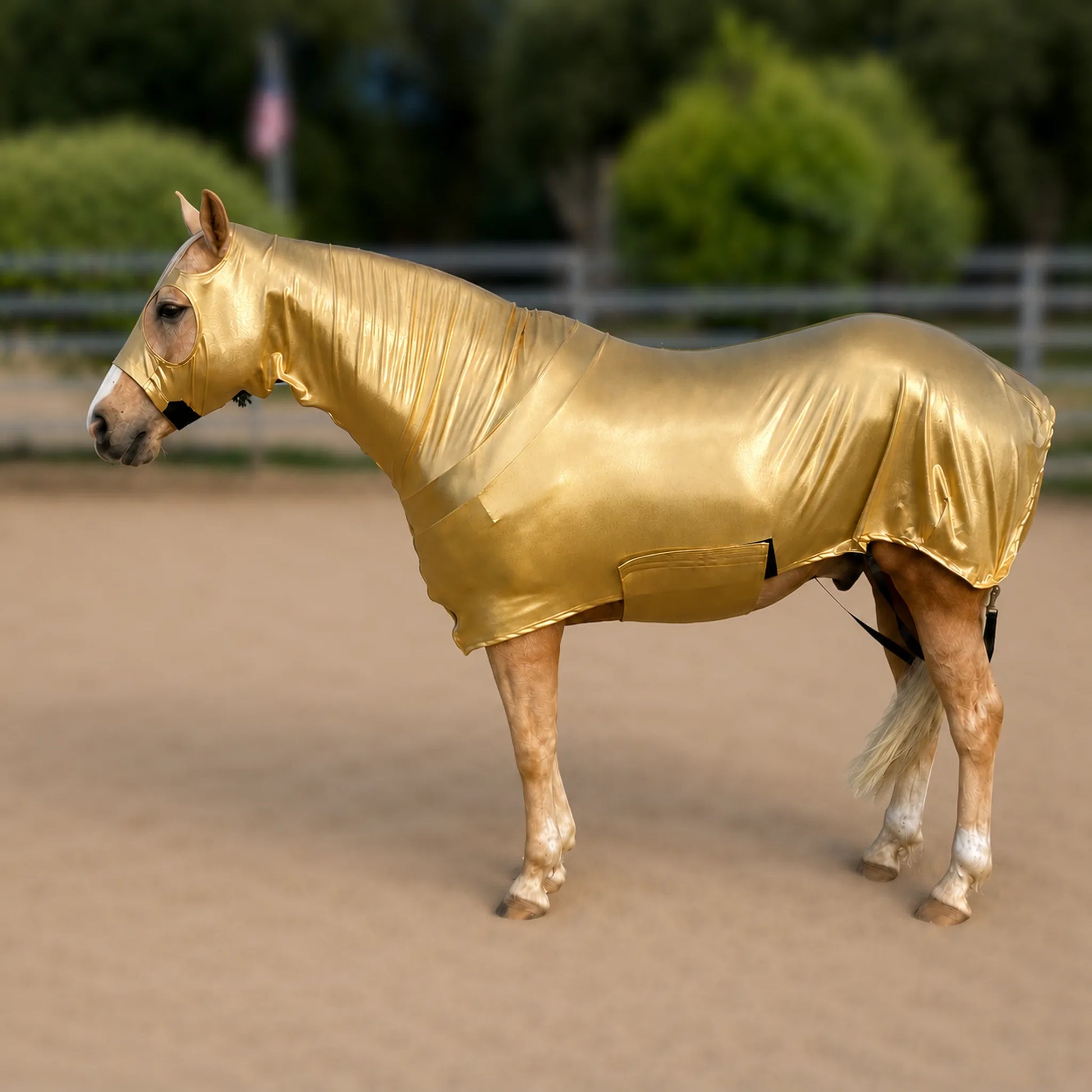 A horse standing in an outdoor arena wearing a shiny metallic gold full body sleazy.