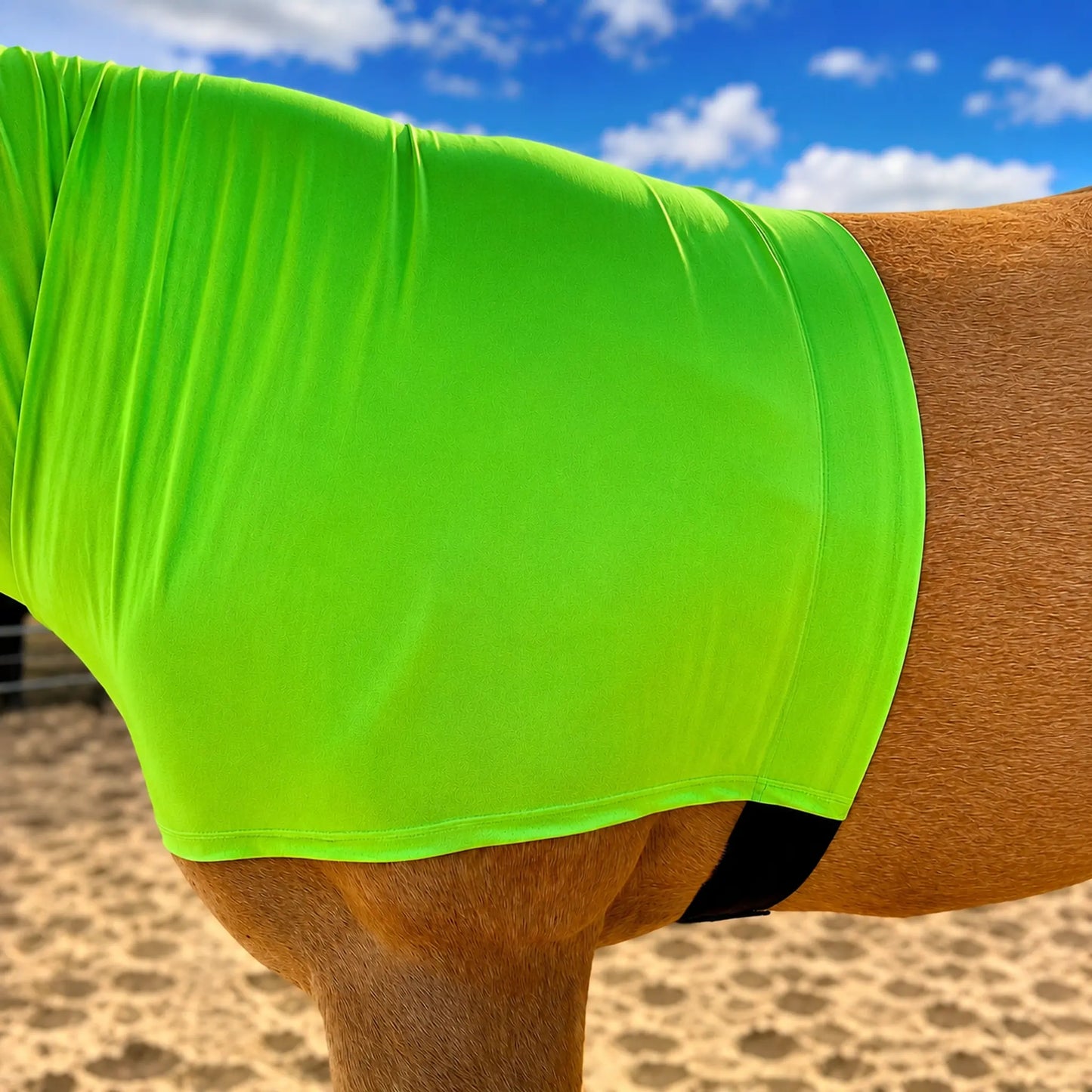 Bright metallic green faceless sleazy hood on a horse with a blue sky background