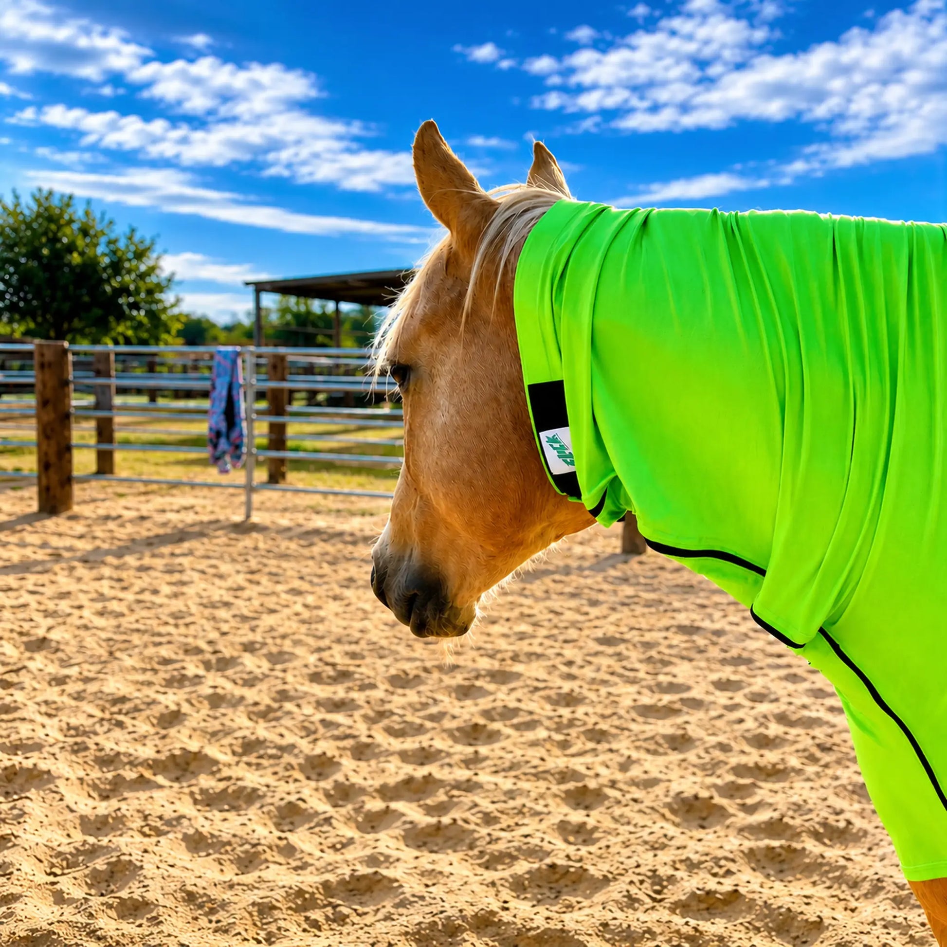 Horse wearing a bright metallic green faceless sleazy hood in an outdoor setting with a blue sky.