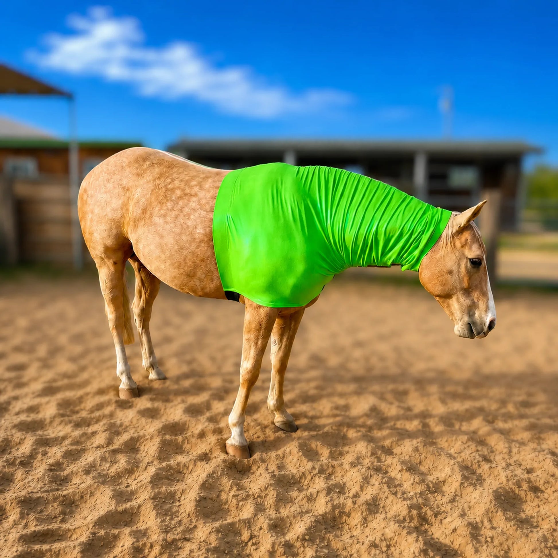 A light brown horse standing in a sandy outdoor arena under a blue sky, wearing a bright metallic green horse faceless hood.