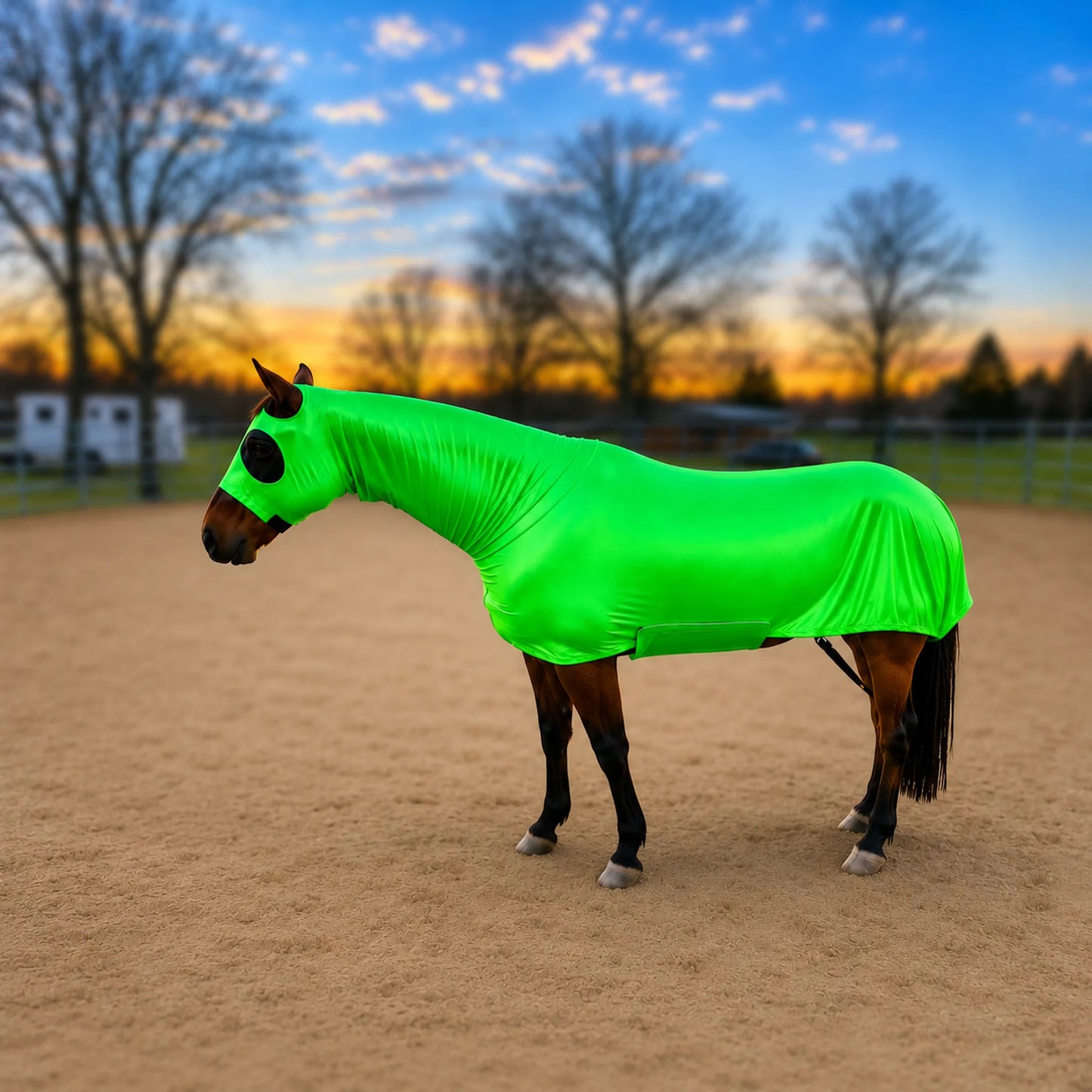 A horse standing in a sandy arena at sunset, wearing a bright metallic green full body horse sleazy.