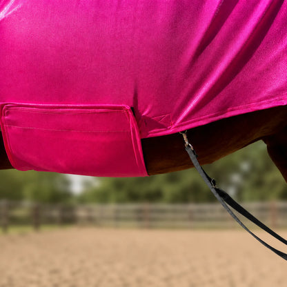 metallic hot pink faceless full body sleazy horse belly view including leg straps and hardware