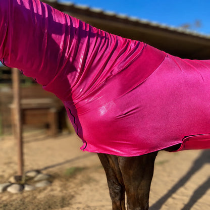 metallic hot pink faceless full body sleazy horse left neck view showing fitment