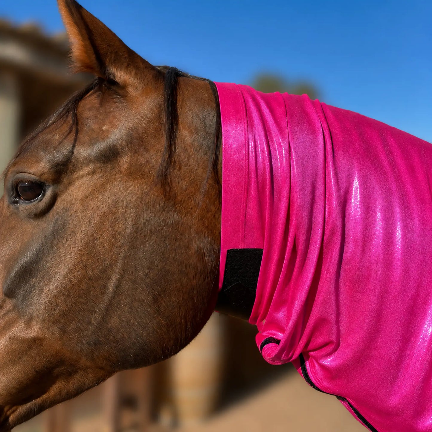 metallic hot pink faceless full body sleazy horse neck view showing neck velcro