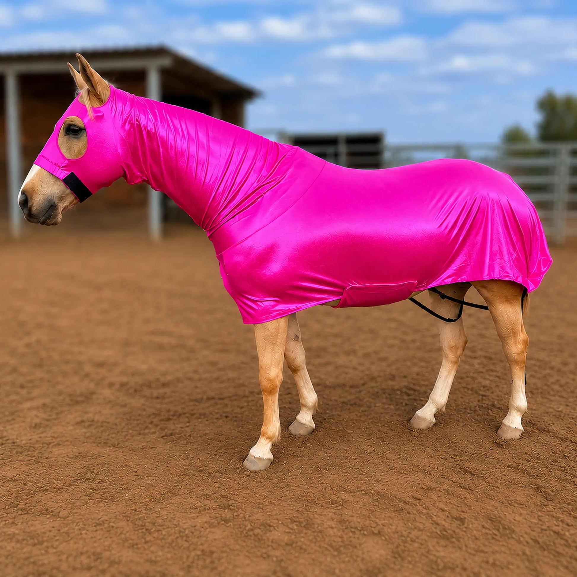 A horse standing in a dirt arena wearing a shiny metallic hot pink full body horse sleazy.