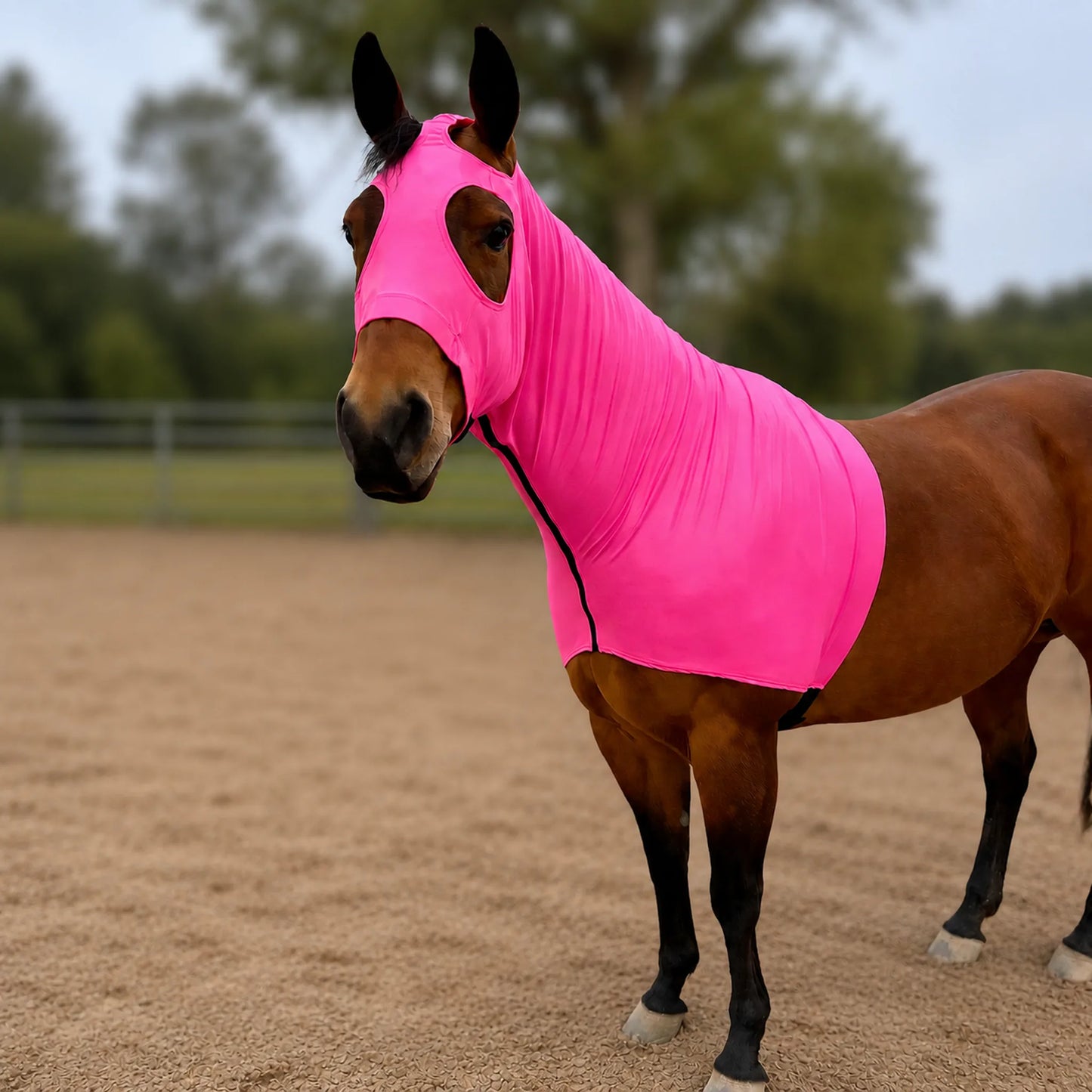 A brown horse standing in a sandy arena wearing a bright metallic hot pink hood facing the camera.