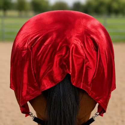 skiny metallic red faceless full body sleazy horse back view
