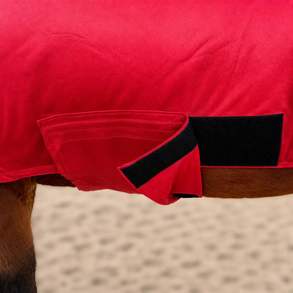 shiny metallic red faceless full body horse showing velcro belly band