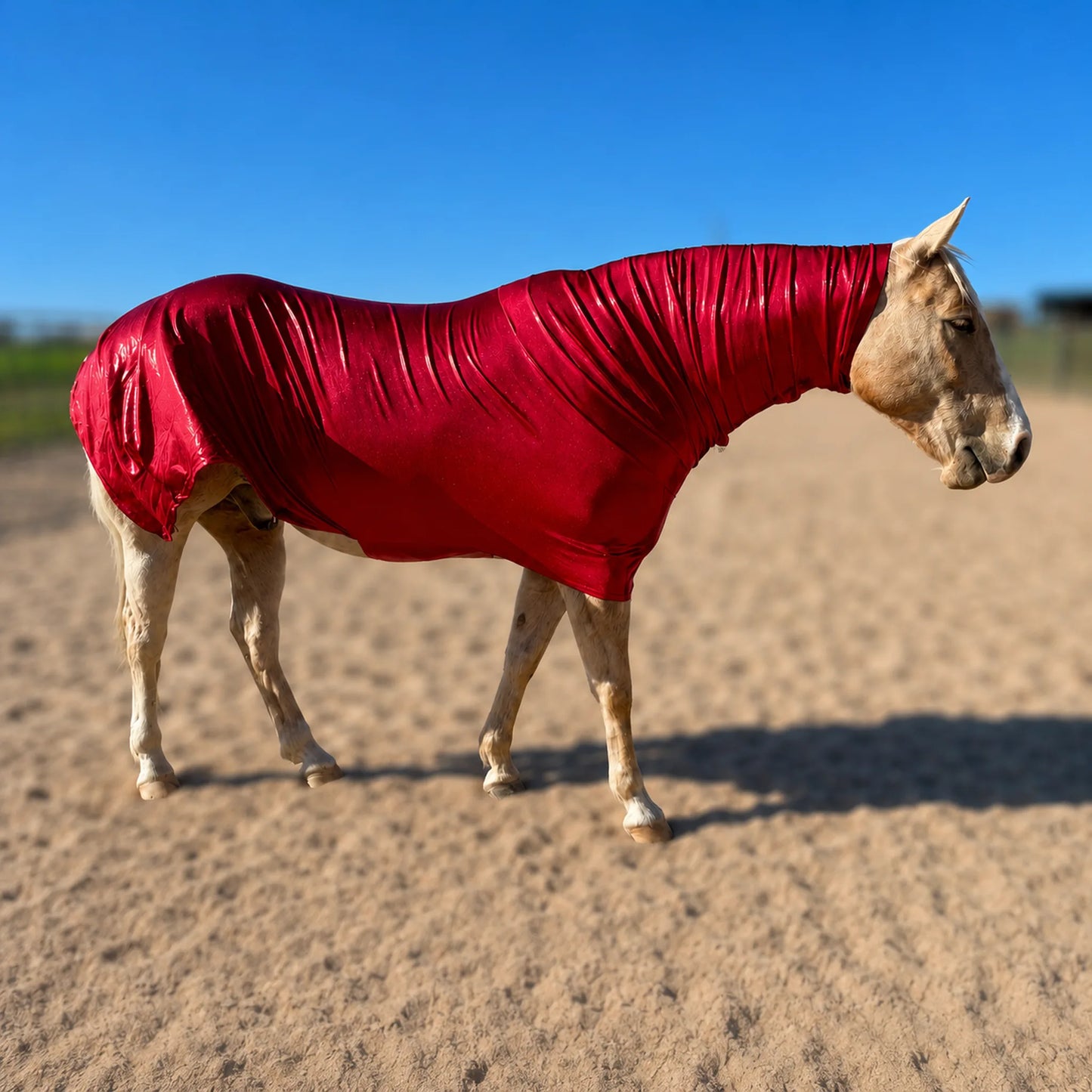shiny metallic red faceless full body sleazy horse right side showing sleazy