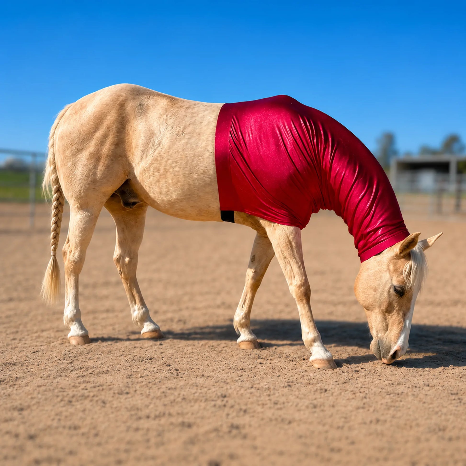 A light tan horse wearing a shiny metallic red faceless stretch horse sleazy hood, standing in a sandy paddock under a clear blue sky.