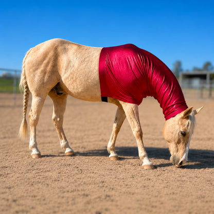 A light tan horse wearing a shiny metallic red faceless stretch horse sleazy hood, standing in a sandy paddock under a clear blue sky.