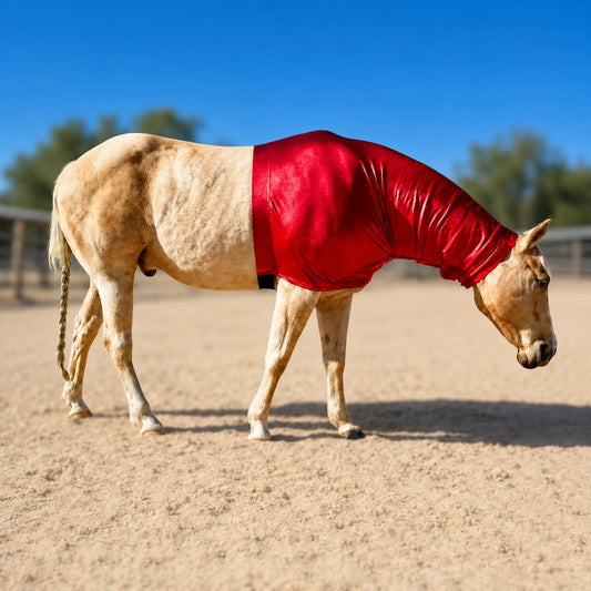 A light tan horse standing in a sandy arena wearing a shiny metallic red faceless sleazy hood, with a blue sky and blurred trees in the background.