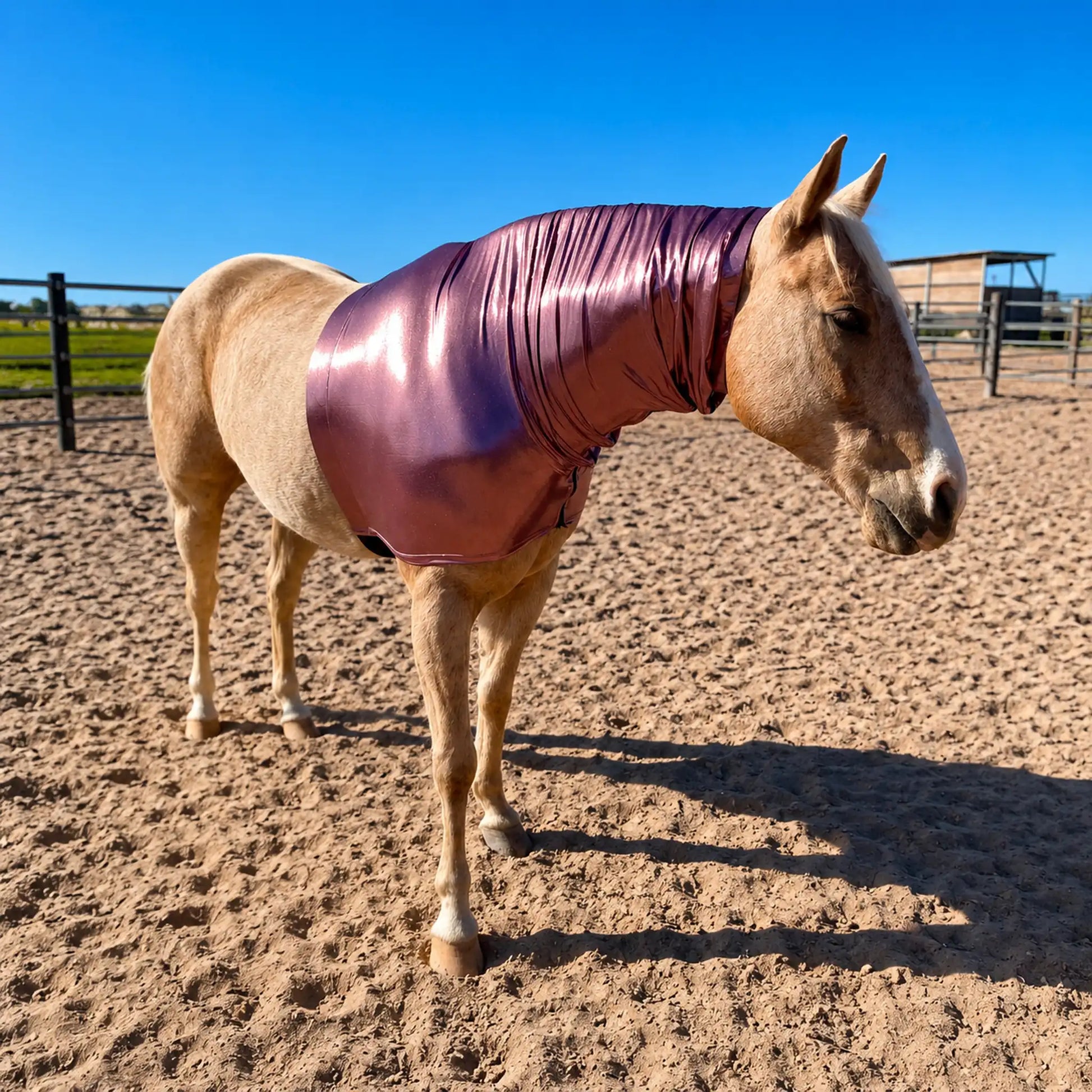Horse wearing a metallic rose faceless sleazy hood in an outdoor setting