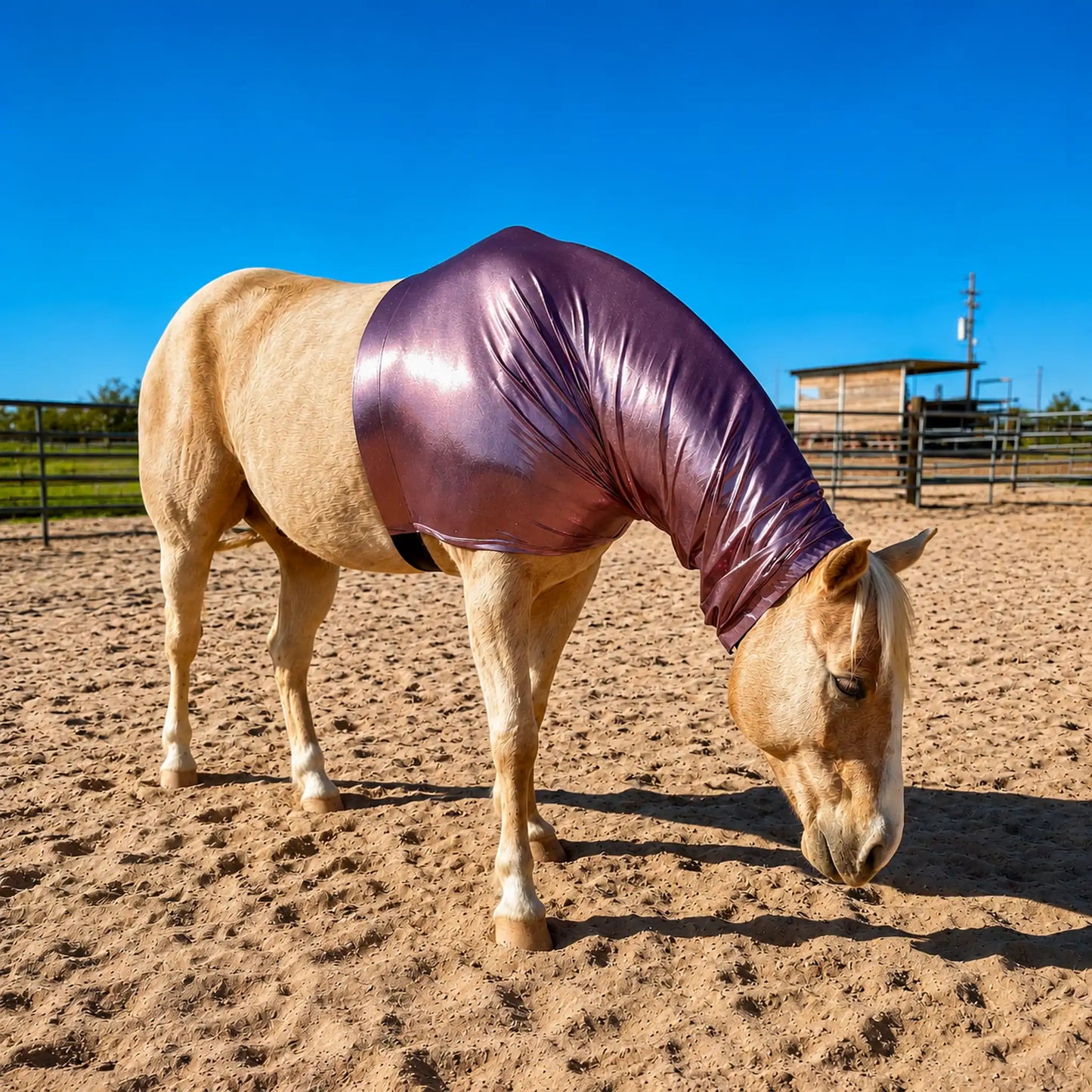 Horse wearing a metallic rose faceless sleazy hood on a dirt ground with a clear blue sky.
