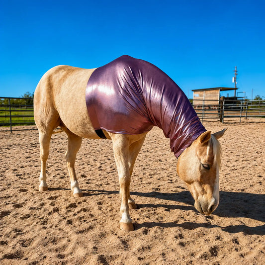 Horse wearing a metallic rose faceless sleazy hood on a dirt ground with a clear blue sky.