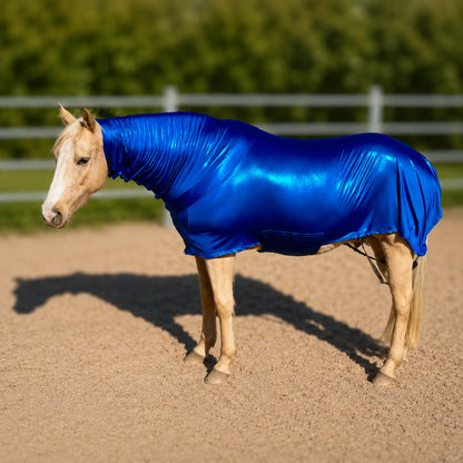 metallic royal blue faceless full body sleazy horse full view of horse standing in arena 