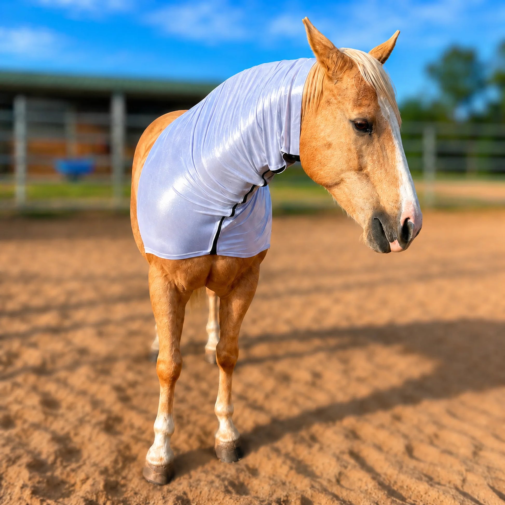 Horse wearing a shiny metallic silver faceless hood on a dirt ground with a blue sky background