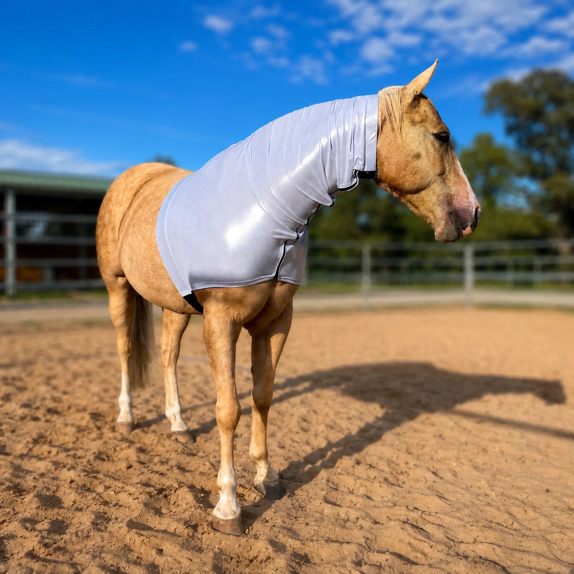 Horse wearing a metallic silver faceless sleazy hood in an outdoor setting with a blue sky.