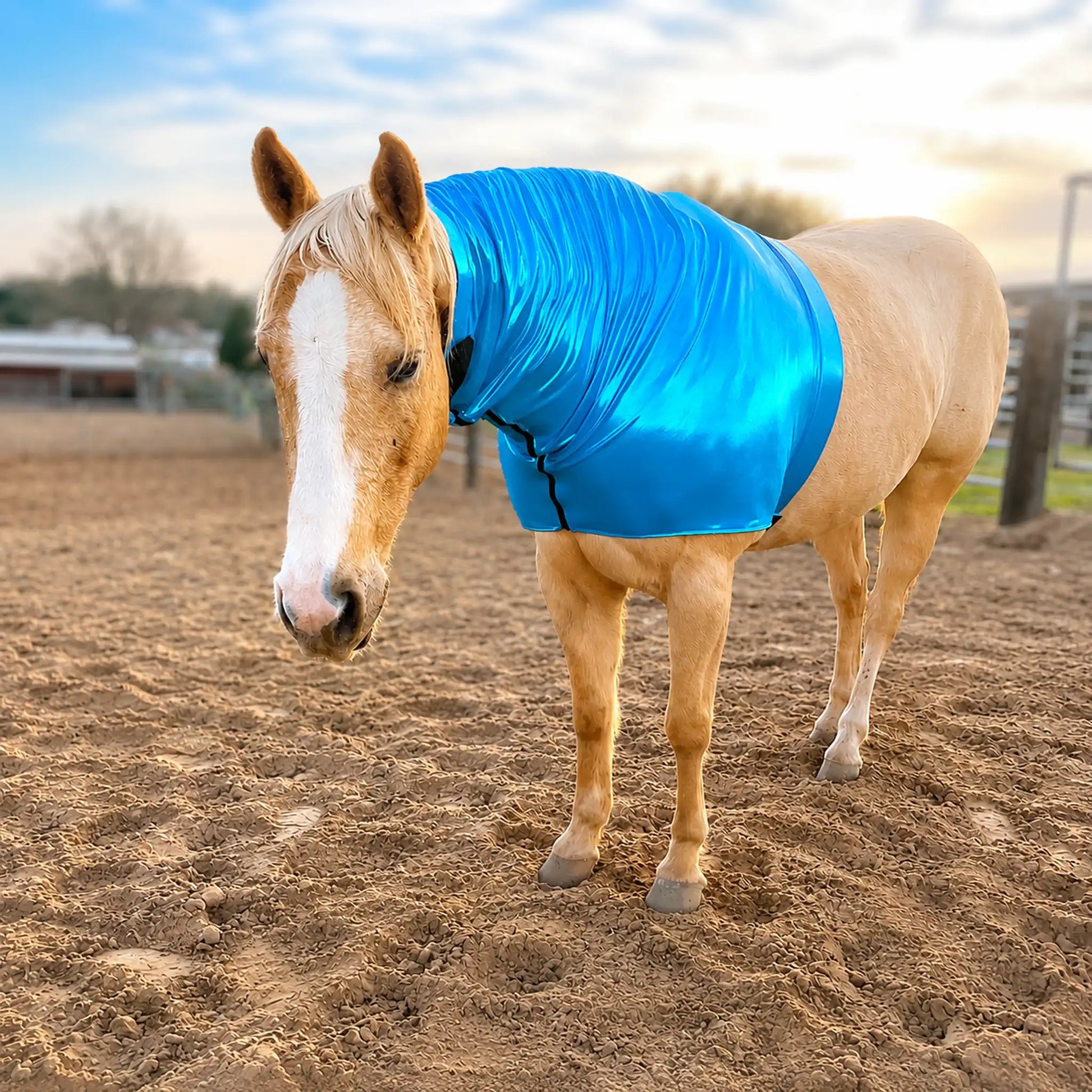 Horse wearing a metallic teal sleazy hood standing on a dirt ground with a blurred background