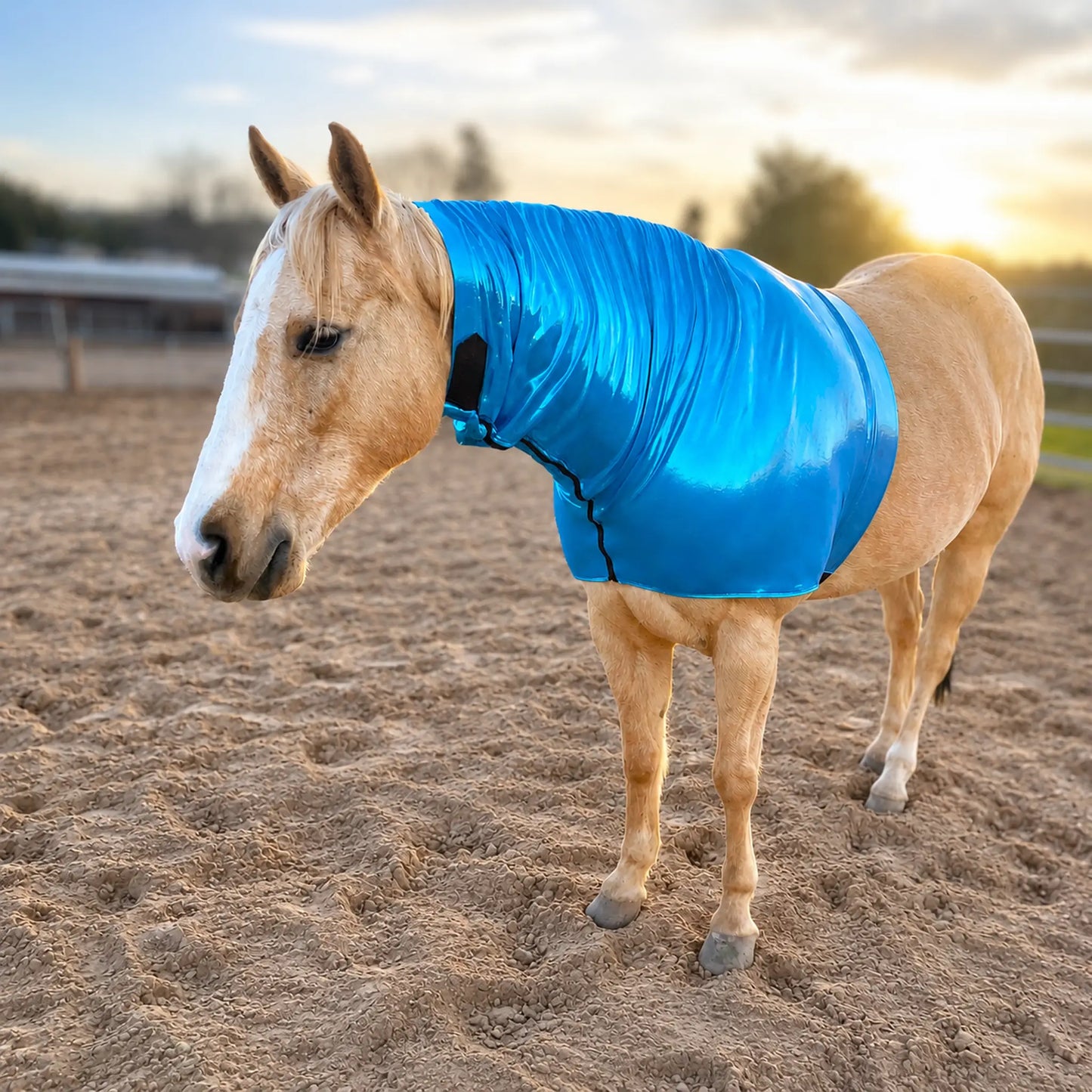 Horse wearing a metallic teal faceless sleazy hood standing on a sandy ground with a sunset in the background.