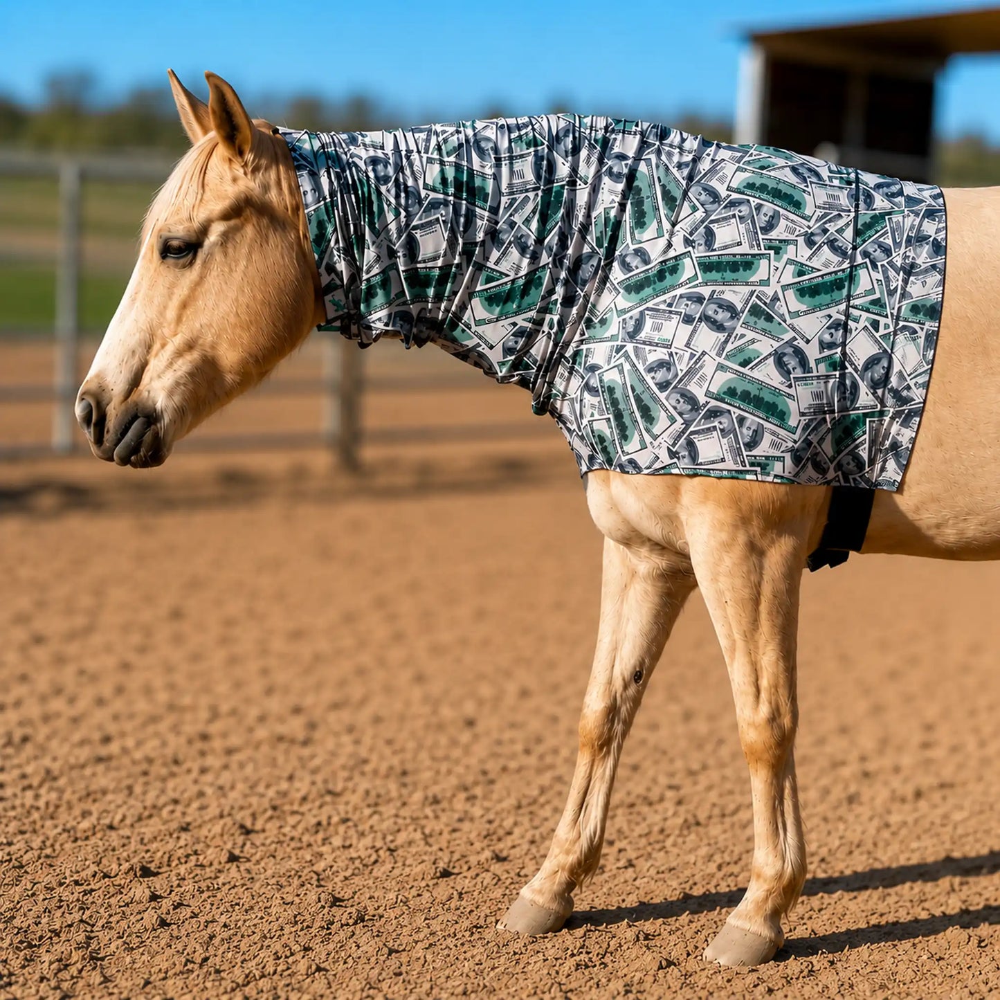 Horse wearing a money faceless hood in an outdoor setting