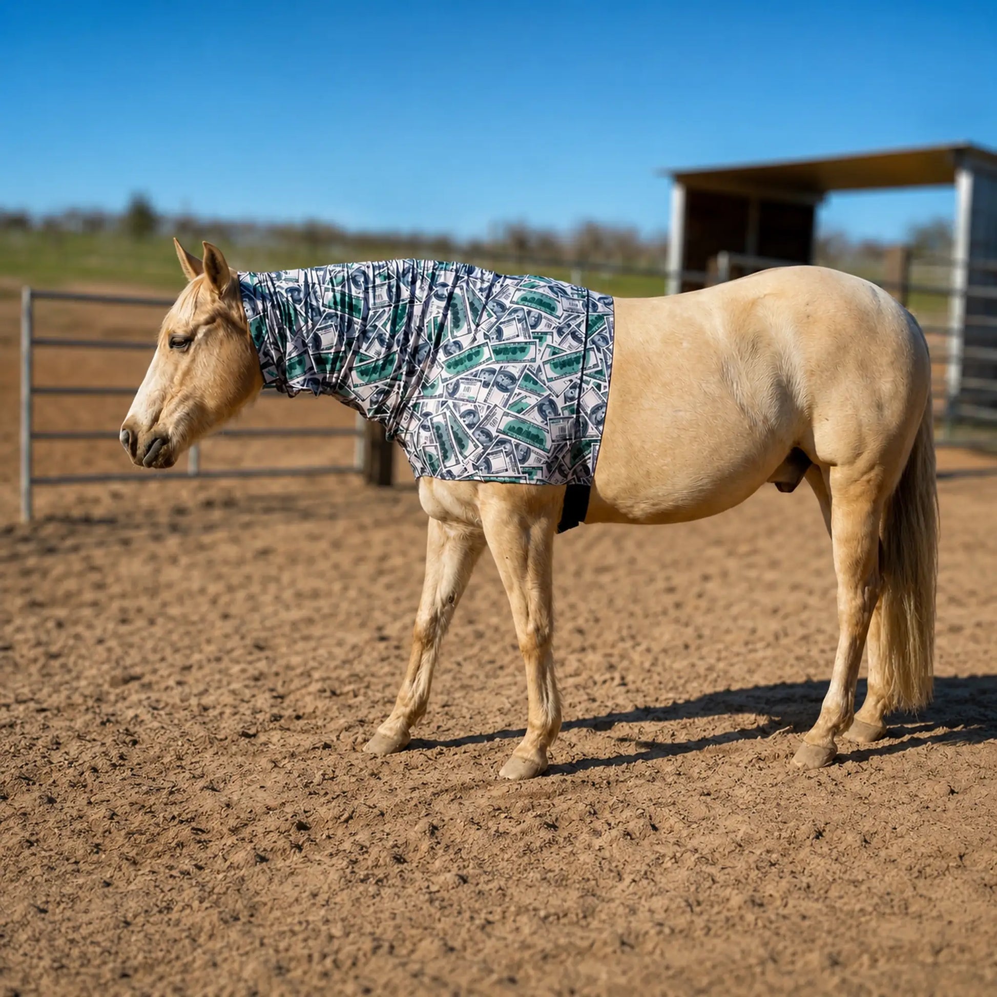 Horse wearing a money faceless sleazy hood in an outdoor stable area