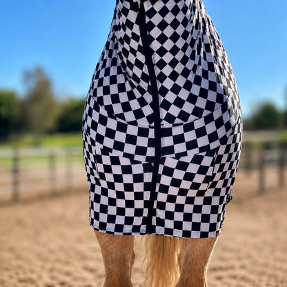 checkered black and white faceless full body sleazy front chest facing. 