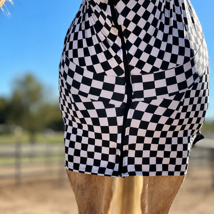 Print checkered black and white full body sleazy horse chest view showing fitment 