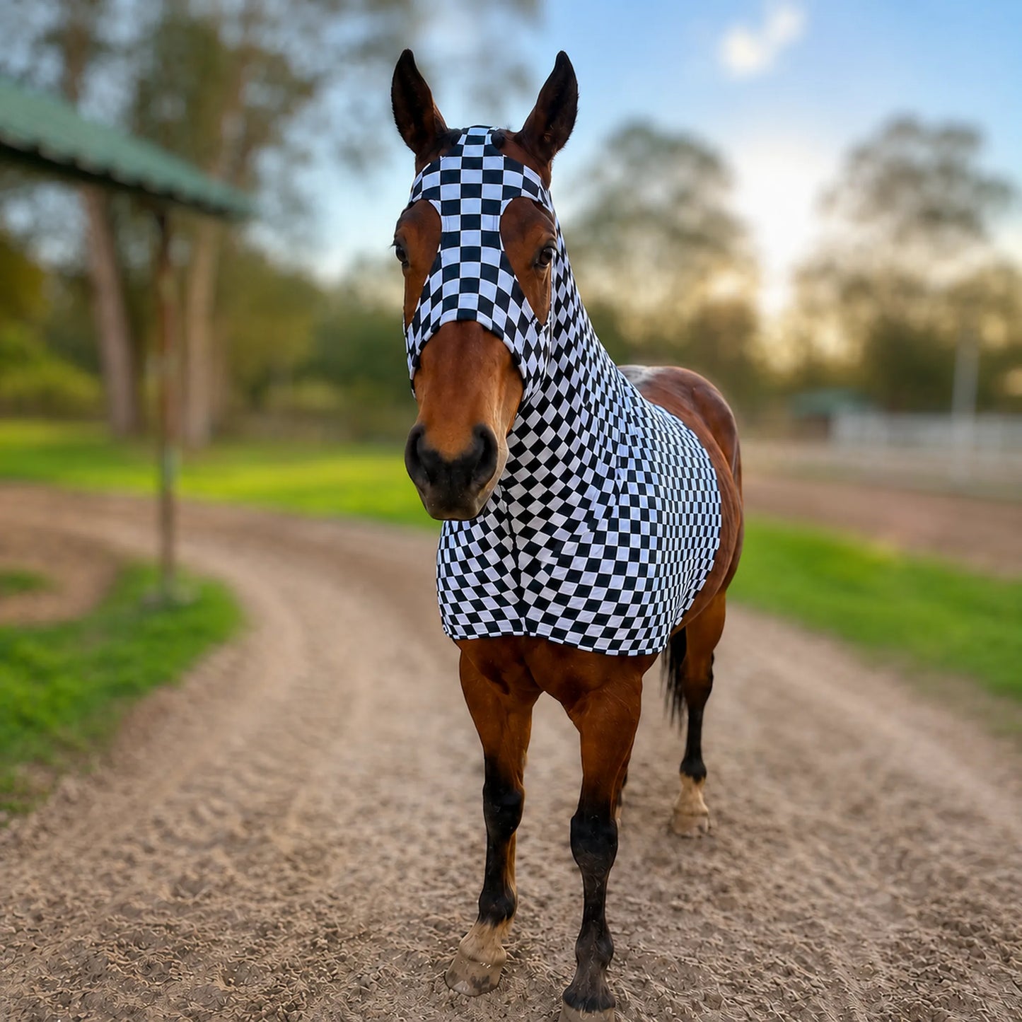 A brown horse standing on a dirt path outdoors, wearing a black-and-white checkered horse sleazy hood front view.