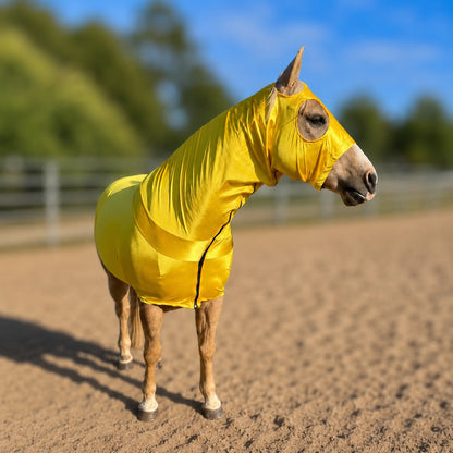 A light brown horse standing in a sandy outdoor stable wearing a shiny bright yellow full body sleazy.