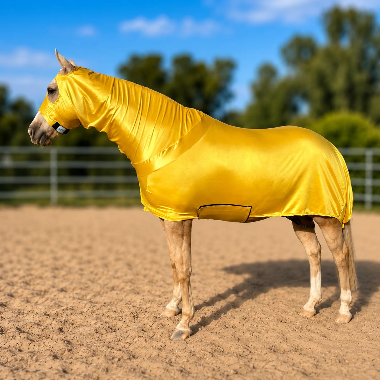 A light-colored horse standing in a sandy outdoor arena wearing a shiny bright yellow full body sleazy. The background shows a blue sky with clouds and green trees.