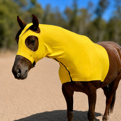 A brown horse standing outdoors on sand with trees and blue sky in the background, wearing a bright yellow horse hood that covers most of its head and body.