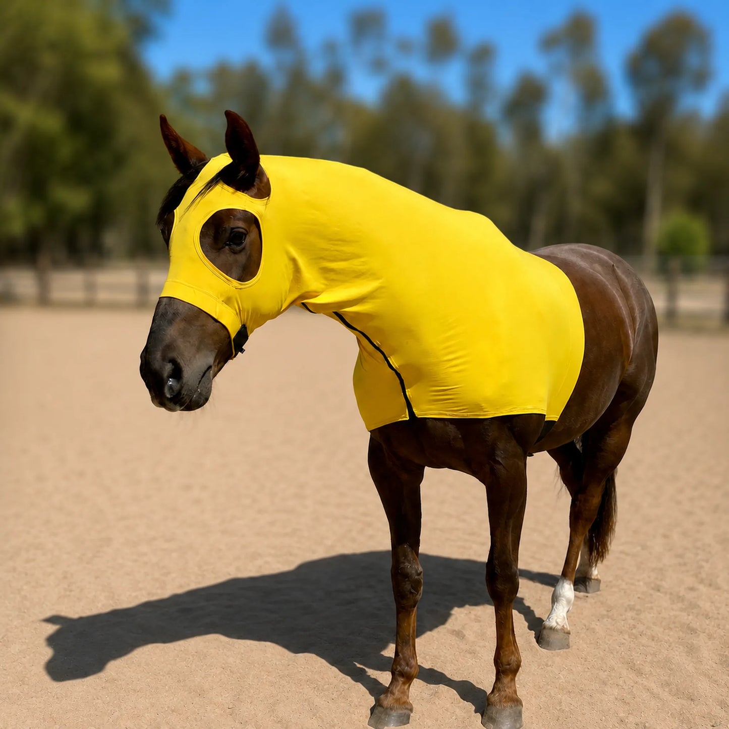 A brown horse standing in a sandy outdoor arena wearing a bright yellow sleazy hood, with blurred trees and blue sky in the background.