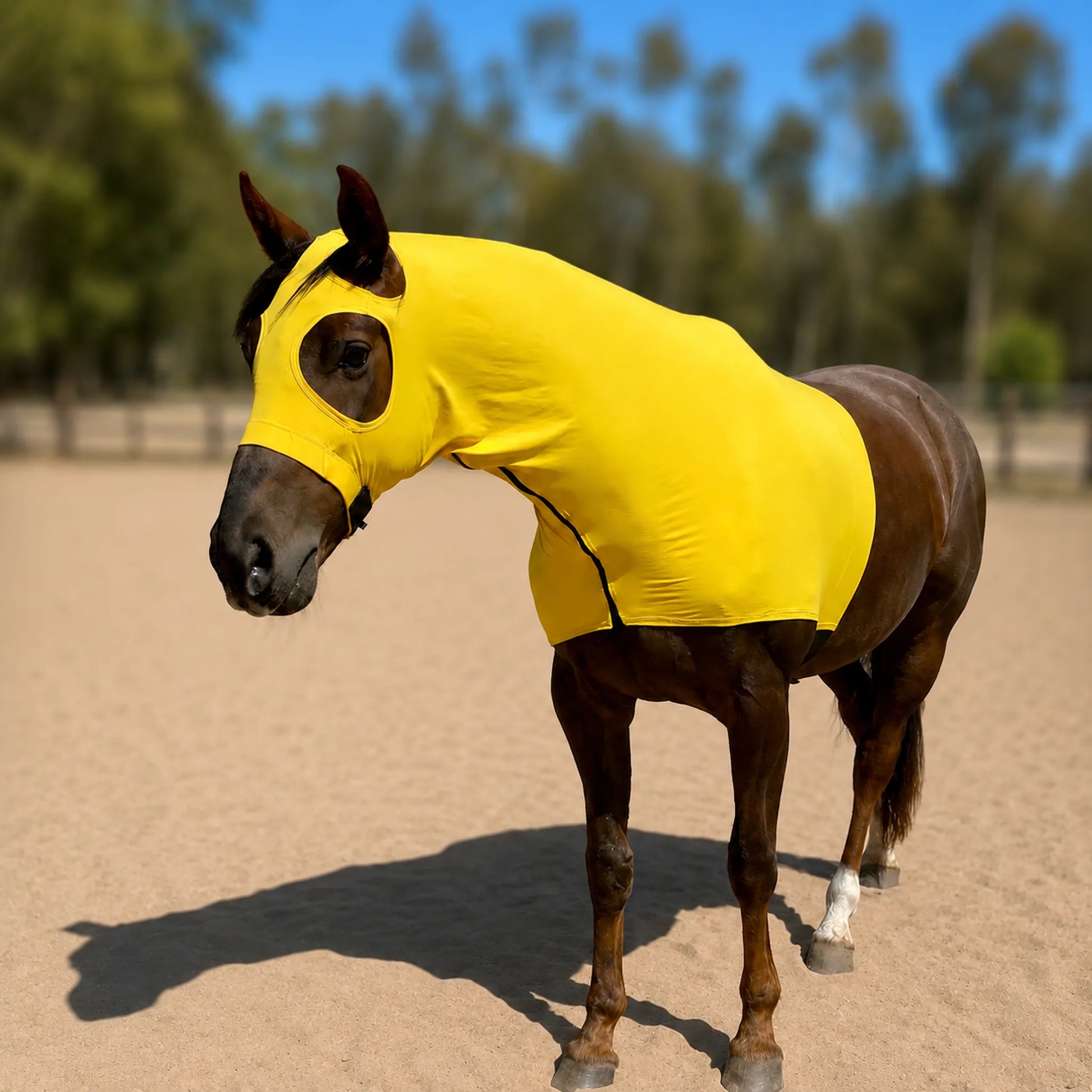 A brown horse standing in a sandy outdoor arena wearing a bright yellow sleazy hood, with blurred trees and blue sky in the background.