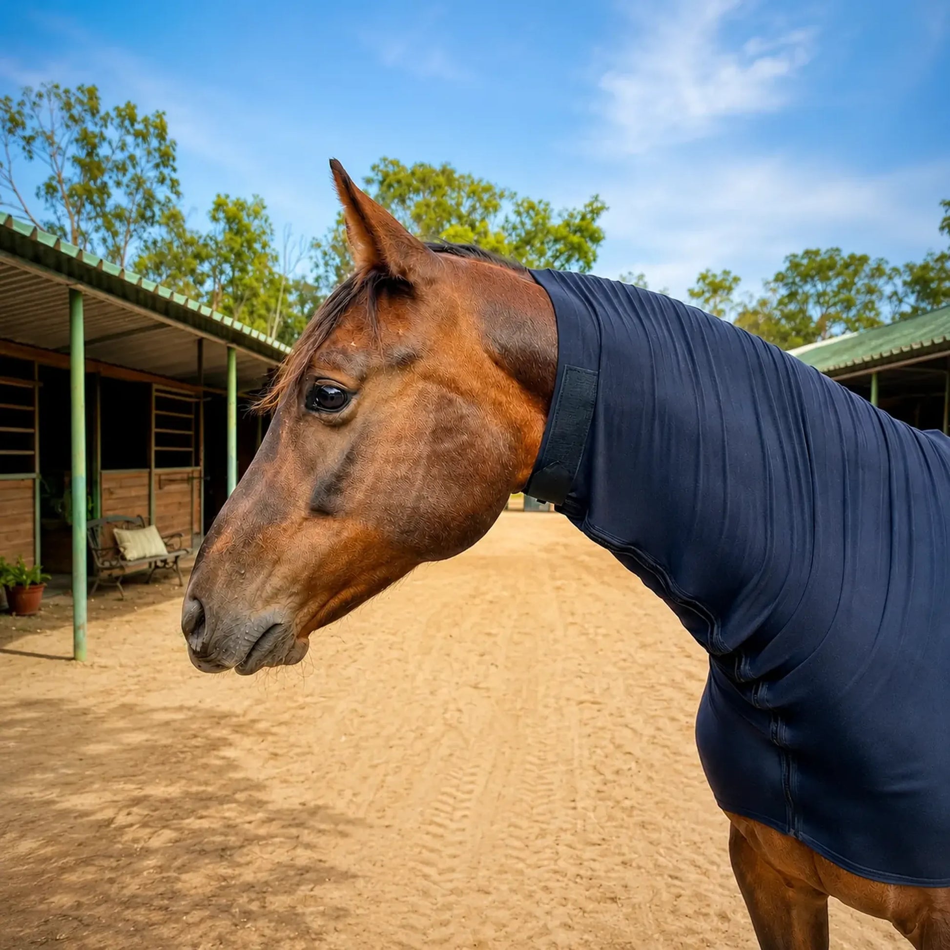 Horse wearing a heavyweight superflex faceless hood in an outdoor stable area with trees and clear sky.