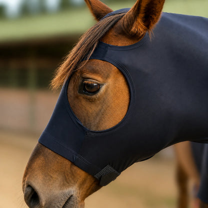 A close-up of a brown horse wearing a superflex black sleazy hood, with the horse's eye and nose visible through cutouts in the fabric, set against a blurred outdoor stable background.