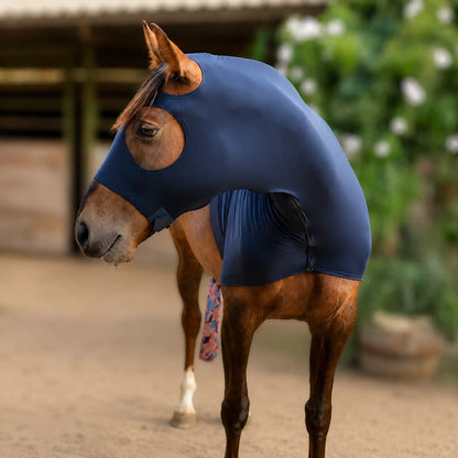 A brown horse wearing a superflex black sleazy hood showing off a front view in an outdoor stable yard with a blurred background of greenery and a wooden structure.