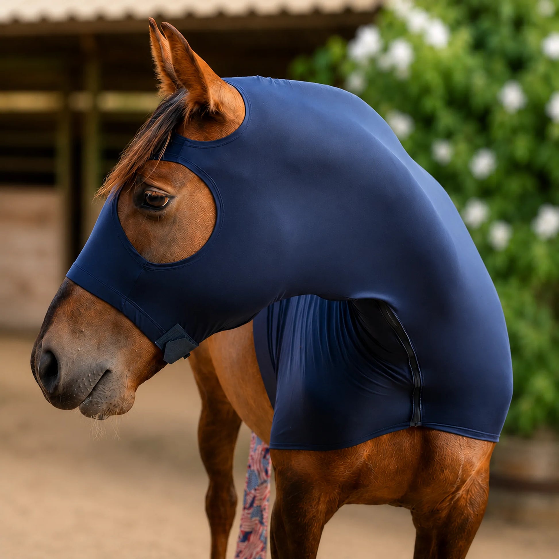 A brown horse wearing a superflex sleazy hood in an outdoor stable setting with green foliage in the background.