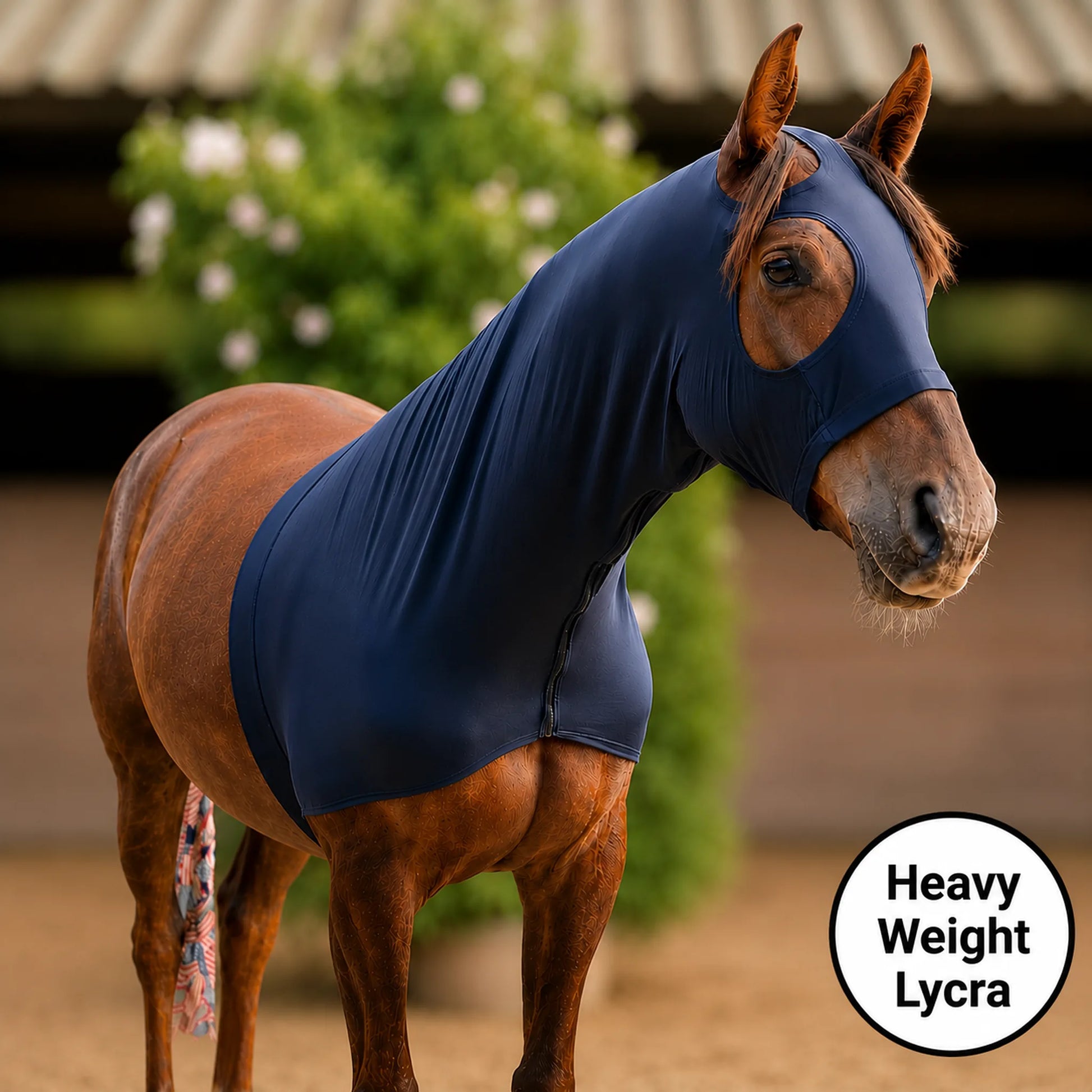 A brown horse wearing a superflex black sleazy hood front view in an outdoor stable setting, with a white circular badge in the bottom right that reads 'Heavy Weight Lycra'.