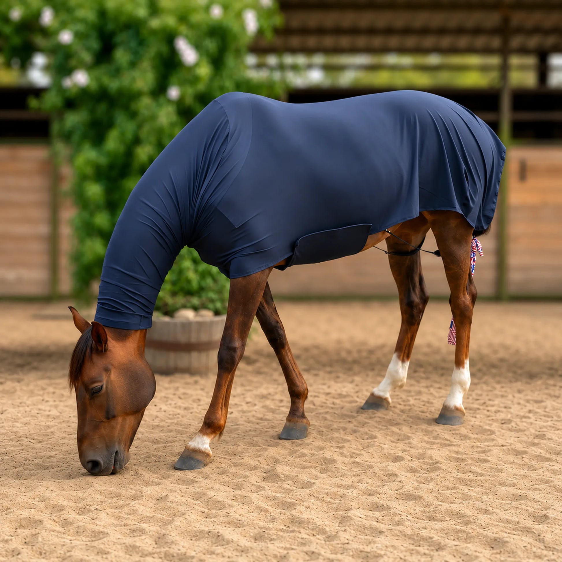 black superflex compression faceless full body sleazy horse left view showing fitment of full horse. this is a heavy weight material.
