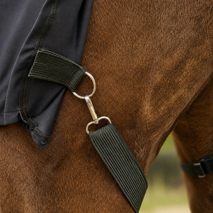 black superflex compression faceless full body sleazy horse leg strap view with hardware