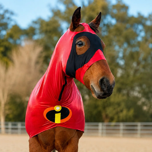 Horse wearing a red superhero incredibles metallic red costume sleazy with a yellow 'i' emblem in an outdoor setting.