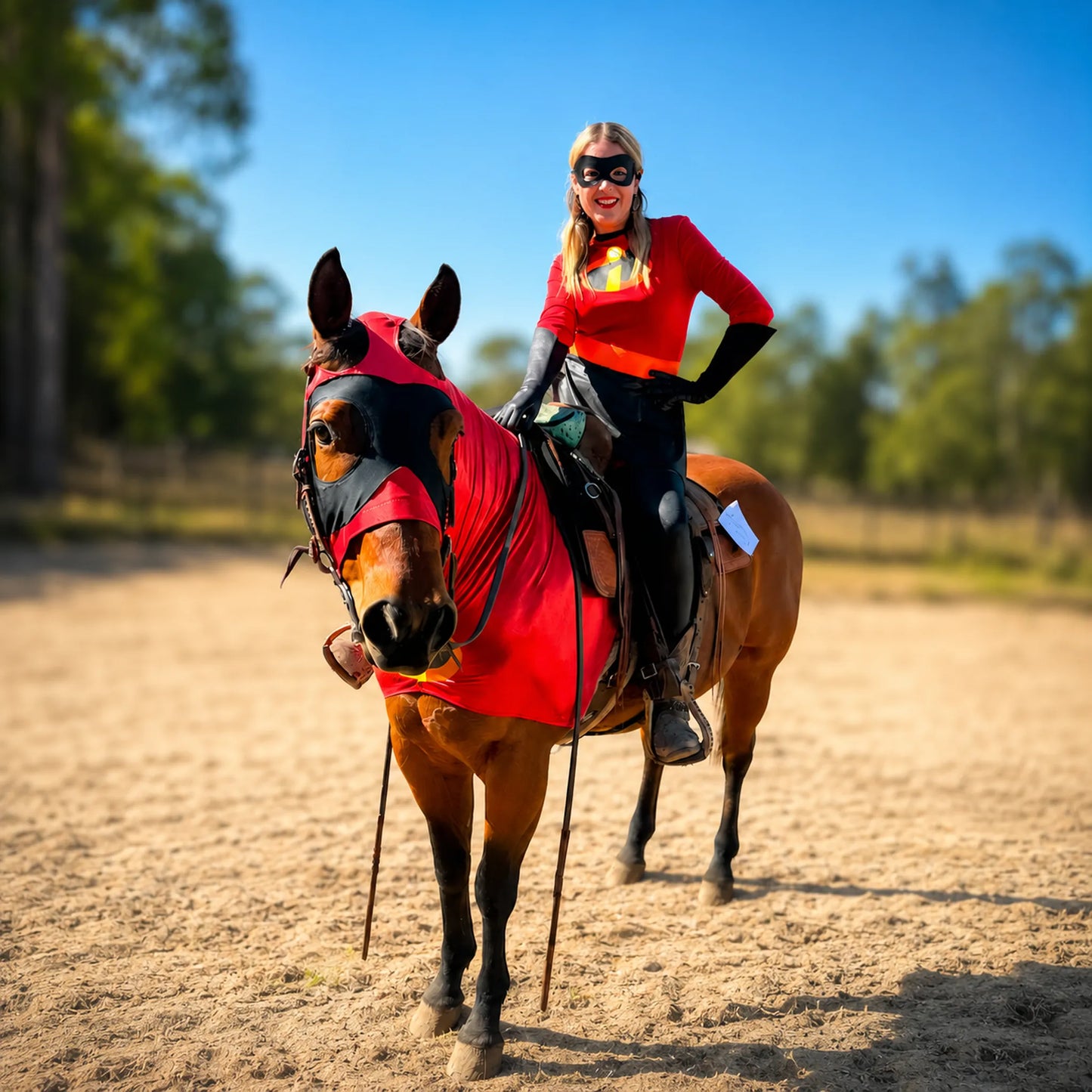 Woman riding a horse wearing an incredibles metallic red costume sleazy in an outdoor setting