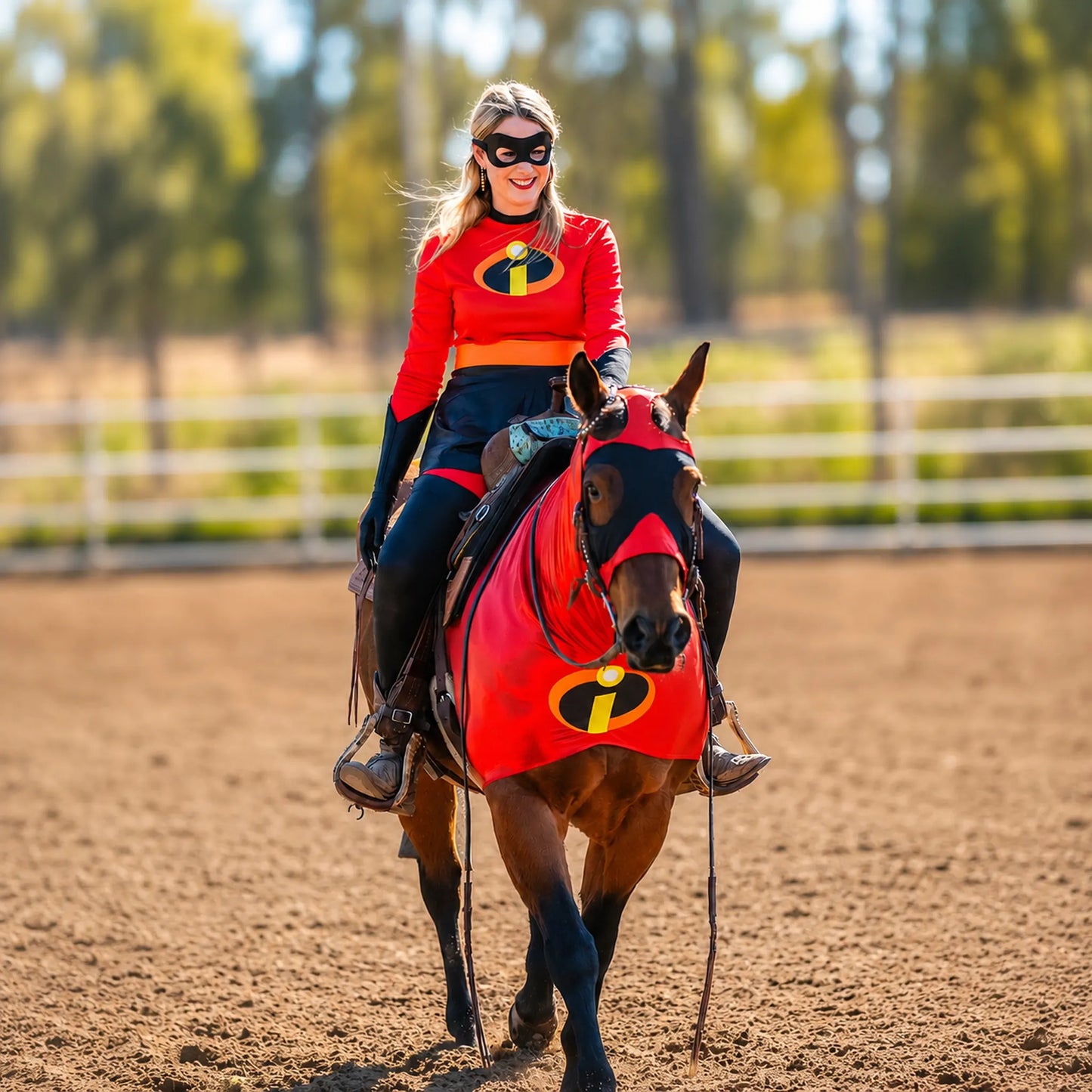 Person riding a horse wearing superhero incredibles metallic red sleazy costumes in an outdoor setting