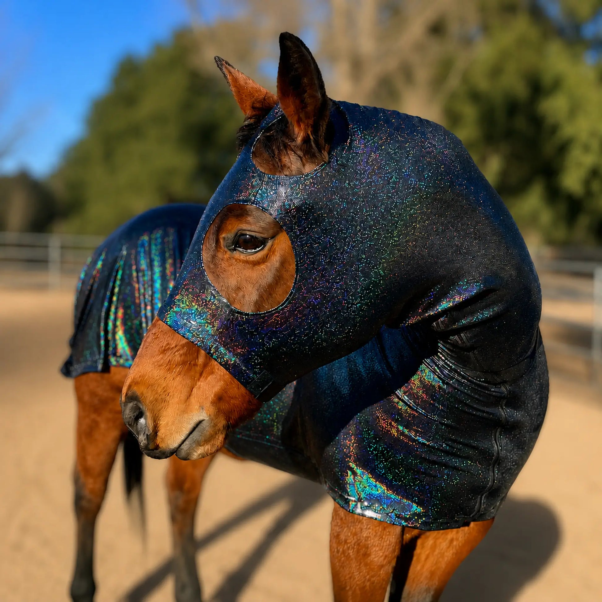 hologram black full body sleazy horse front view showing the sparkly sleazy