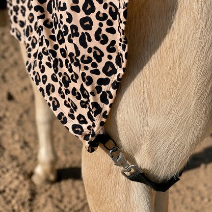 leopard faceless full body sleazy leg strap view showing metal hardware used on sleazy