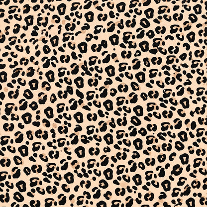 A seamless leopard print pattern featuring irregular black spots on a warm beige background.
