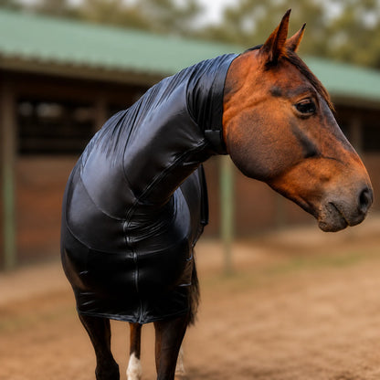 Metallic Black Faceless Full Body Sleazy horse front view showing fitment in front of a barn