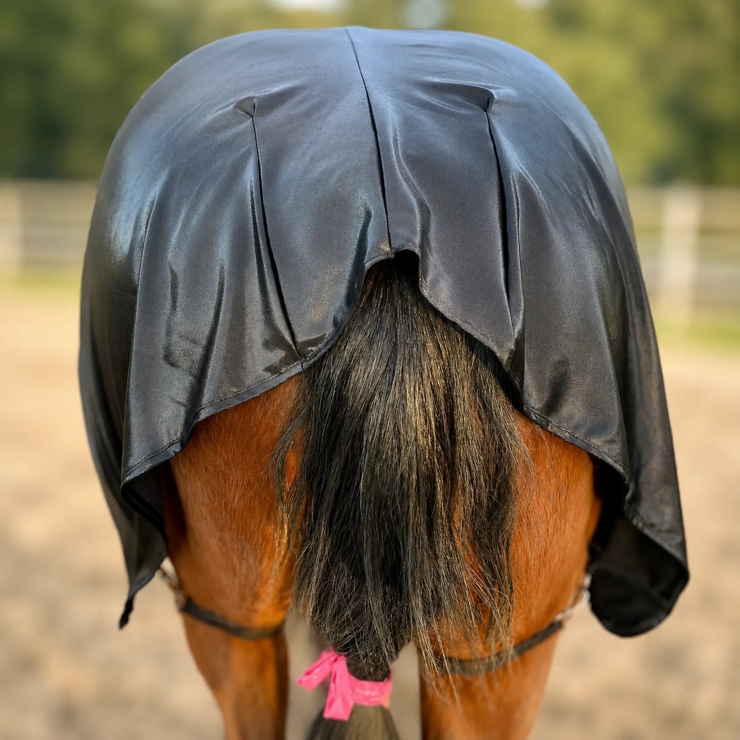 A close-up rear view of a horse wearing a shiny black metallic full body horse sleazy, with its brown coat and dark tail visible against a blurred outdoor paddock background.